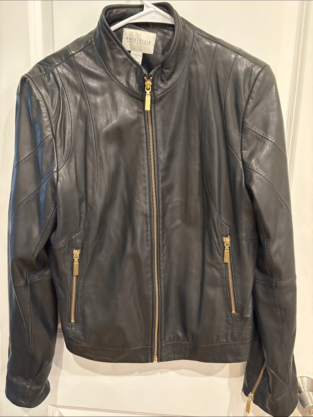 White House Black Market Black Leather Jacket with Gold Hardware